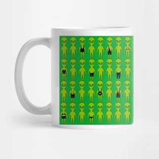 Small green men from Mars . Extraterrestrials In bathing suites. Mug